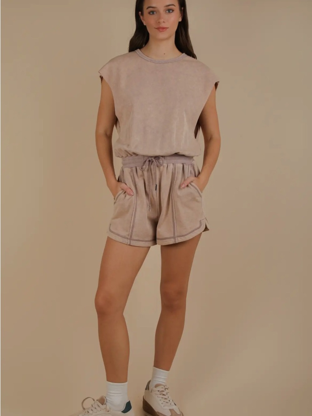 Casual Beige Two-Piece Tank and Drawstring Shorts Set